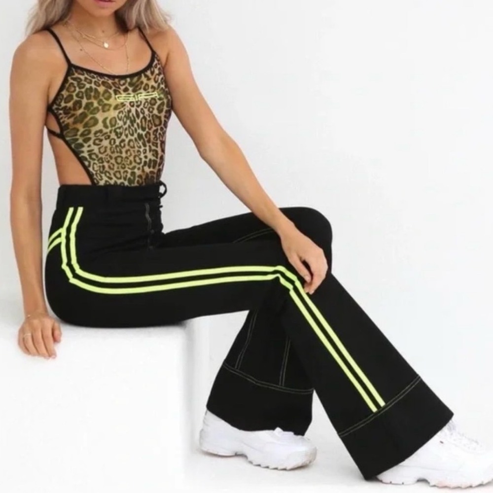 I AM GIA Black Yellow Neon Stripe Techno Raver Stretch Flare Pants Size Large